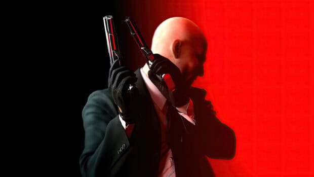 The hitman with dual pistols stands confidently against a red and black background in the hitman game wallpapers, 4K Desktop Wallpaper
