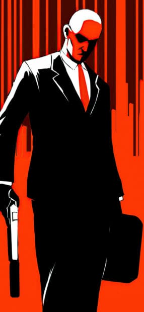 A man in a suit holding a gun and briefcase stands against a red background in Hitman Game Wallpapers, HD Mobile Wallpaper