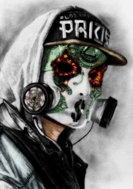 A detailed portrait of a Hollywood Undead band member in a mask and cap, 2K Mobile Wallpaper