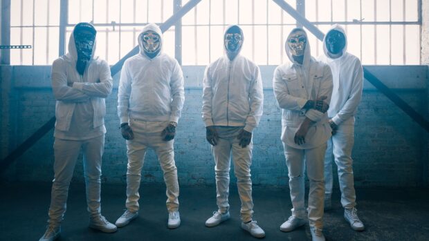 The Hollywood Undead band poses in front of a large window wearing white clothes and masks, HD Desktop Wallpaper