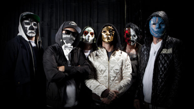 The Hollywood Undead band members wear unique masks and dark clothing in this image, HD Desktop Wallpaper