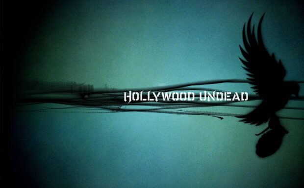 The Hollywood Undead band logo appears with a dark bird silhouette on a blue background, HD Desktop Wallpaper