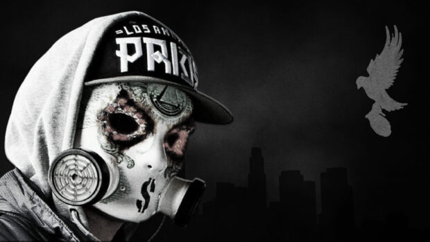 A person wearing a detailed Hollywood Undead band mask with a dark city skyline, HD Desktop Wallpaper
