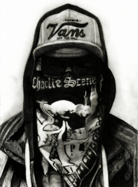 A detailed drawing of a Hollywood Undead band member wearing a mask and cap, HD Desktop Wallpaper