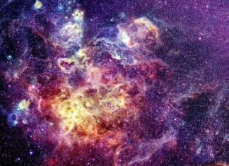 A holographic wallpapers showing a vibrant cosmic nebula with stars and glowing gas clouds, HD Desktop Wallpaper