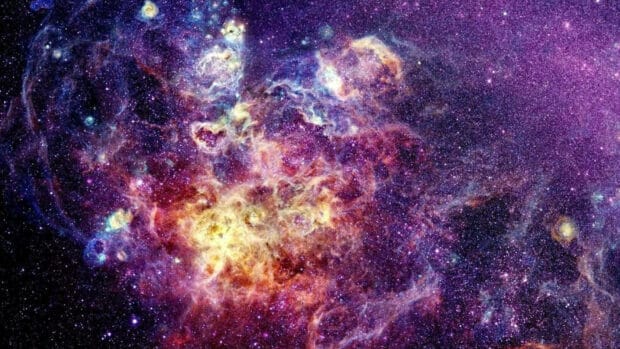 A holographic wallpapers showing a vibrant cosmic nebula with stars and glowing gas clouds, HD Desktop Wallpaper
