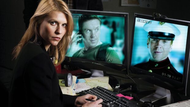 A woman monitors two screens showing men in military and casual outfits in Homeland Wallpapers, HD Desktop Wallpaper