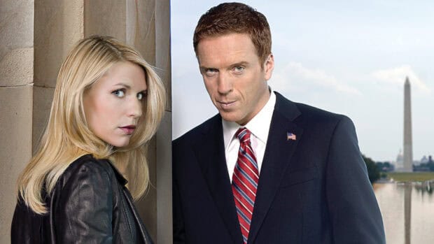 The main characters of Homeland Wallpapers stand near a pillar with a landmark in the background, HD Desktop Wallpaper
