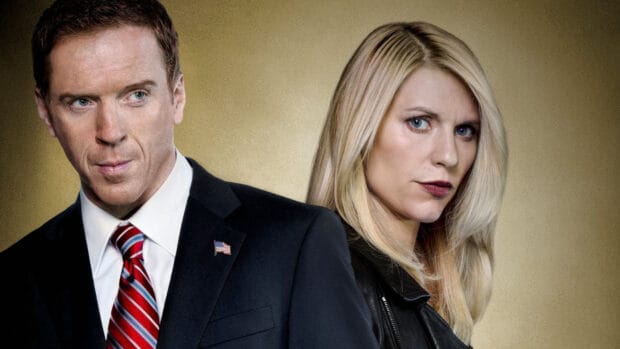 Two main characters from Homeland stand against a textured golden background, HD Desktop Wallpaper