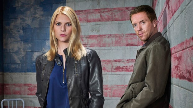 Two Homeland characters pose in front of a wall with the American flag painted, HD Desktop Wallpaper