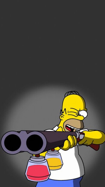 Homer Simpson aiming a double barrel shotgun intensely in a dark setting, HD Phone Wallpaper