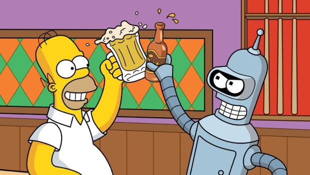 Homer Simpson wallpapers show a happy Homer and a robot clinking beer and bottle in a bar, HD Desktop Wallpaper