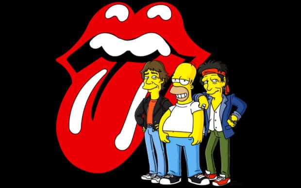 Homer Simpson stands with two rock band members in front of a big red mouth logo, HD Desktop Wallpaper