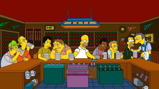Homer Simpson is sitting at the bar with friends in Moe’s Tavern, HD Desktop Wallpaper
