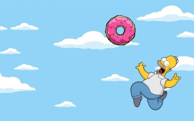 Homer Simpson is trying to catch the pink donut in the sky, HD Desktop Wallpaper