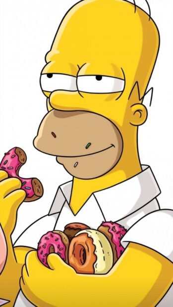 Homer Simpson is happily holding and eating pink frosted donuts with sprinkles, HD Mobile Wallpaper