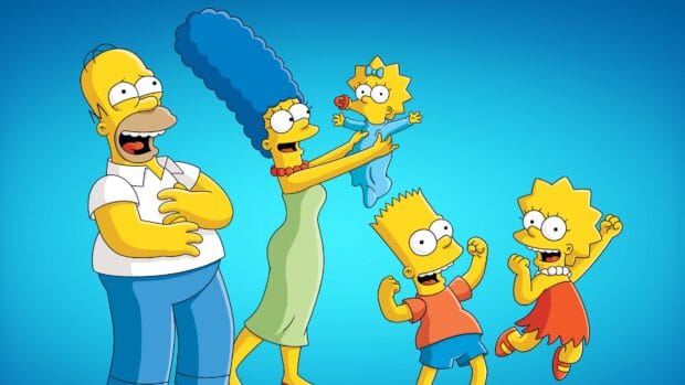 The Homer Simpson wallpapers show the entire family in a joyful pose on a blue background, 4K Desktop Wallpaper