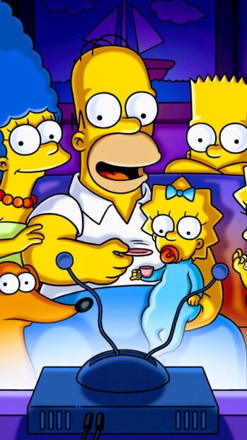 Homer Simpson and family watching TV in a cartoon scene, HD Phone Wallpaper