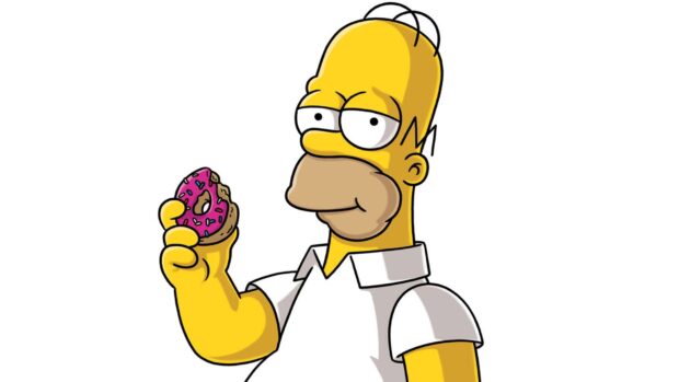 Homer Simpson is enjoying a pink frosted donut with sprinkles in his hand, HD Desktop Wallpaper