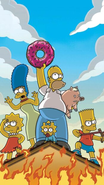 The Simpson family stands heroically above flames on a rooftop, Homer Simpson Wallpapers, 2K Mobile Wallpaper