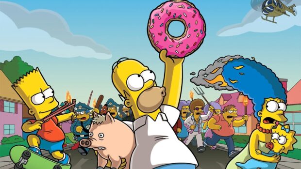 Homer Simpson Wallpapers show Homer and family in chaotic scene, HD Desktop Wallpaper