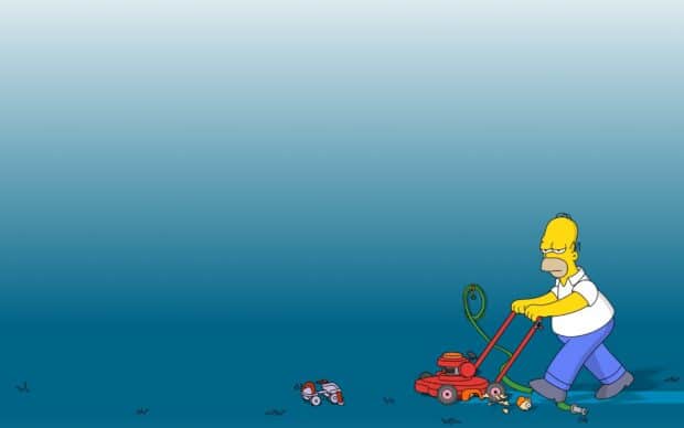 Homer Simpson is mowing the lawn with a red mower on a blue background, HD Desktop Wallpaper