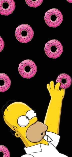Homer Simpson reaching out to grab a pink sprinkle donut with multiple donuts floating around, HD Phone Wallpaper