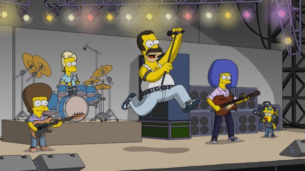 Homer Simpson rock concert scene with band members performing energetically on stage, 4K Desktop Wallpaper