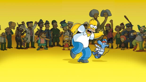 Homer Simpson running with a mouse character in front of a crowd of animated Springfield characters, HD Desktop Wallpaper