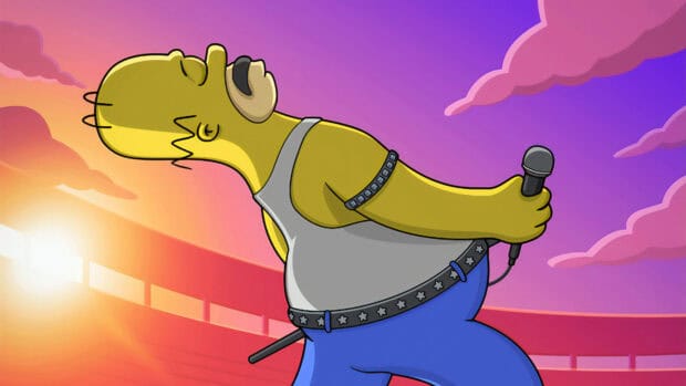 Homer Simpson is passionately singing with a microphone in hand at sunset, 4K Desktop Wallpaper