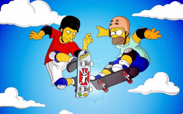 Homer Simpson skateboarding with a friend against a bright blue sky, HD Desktop Wallpaper