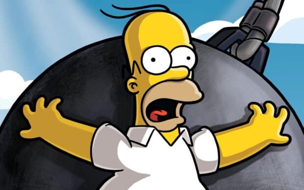 Homer Simpson is shown in a shocked pose with arms outstretched in front of a wrecking ball, HD Desktop Wallpaper