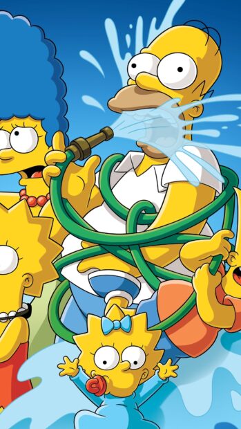 Homer Simpson tangled in a garden hose splashing water with his family members, 4K Phone Wallpaper