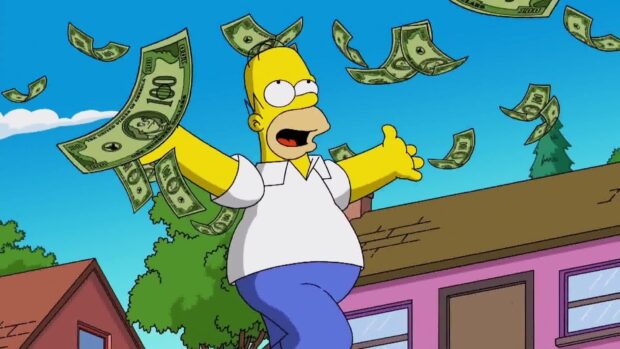 Homer Simpson throwing money with joy in the air, HD Desktop Wallpaper
