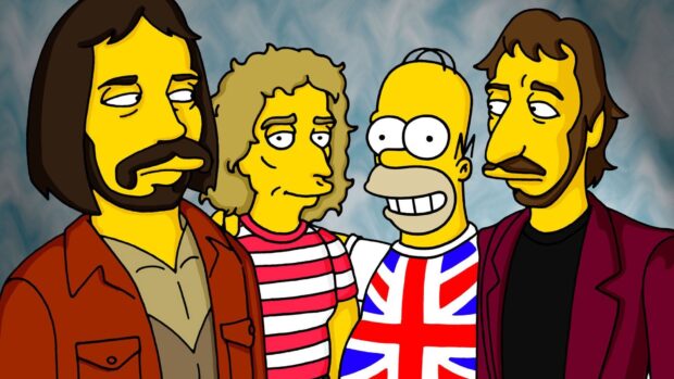 Homer Simpson stands with three band members in a colorful setting, HD Desktop Wallpaper