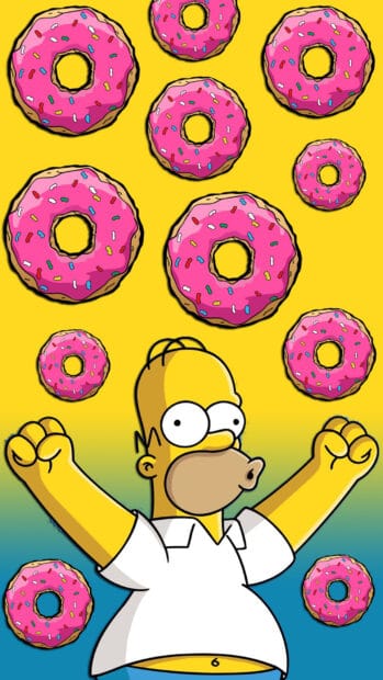 Homer Simpson celebrates with pink frosted donuts around him, HD Mobile Wallpaper