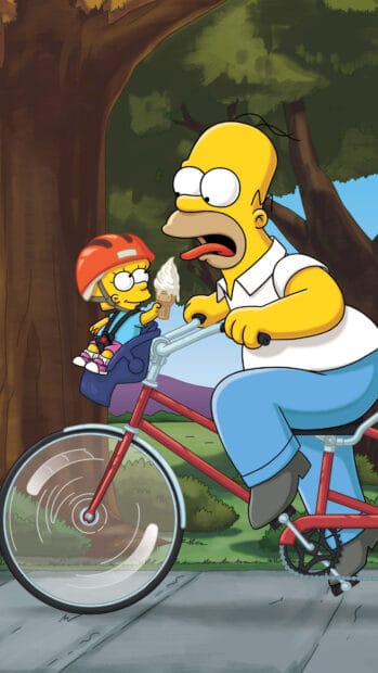 Homer Simpson shares ice cream with Lisa while riding a bicycle through the park, 4K Phone Wallpaper
