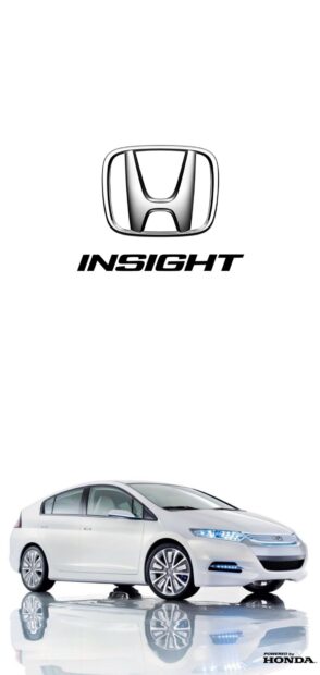 A white Honda Insight hybrid car is shown with a reflective surface and logo above, HD Mobile Wallpaper