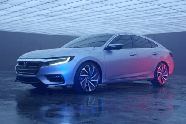 A sleek modern Honda Insight is displayed in a futuristic setting with blue and pink lighting, 2K Desktop Wallpaper