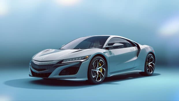 A sleek Honda NSX sports car is displayed against a blue gradient background highlighting its design, 4K Desktop Wallpaper