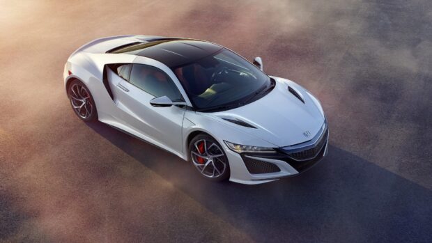 A white Honda NSX sports car is parked on the asphalt with soft lighting, 4K Desktop Wallpaper