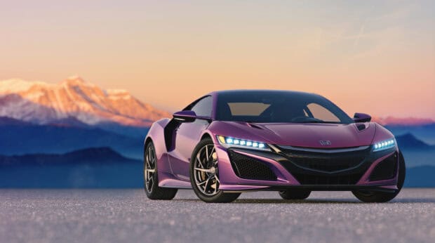 A purple Honda Nsx is parked on a flat surface with mountains glowing at sunset in the background, 2K Desktop Wallpaper