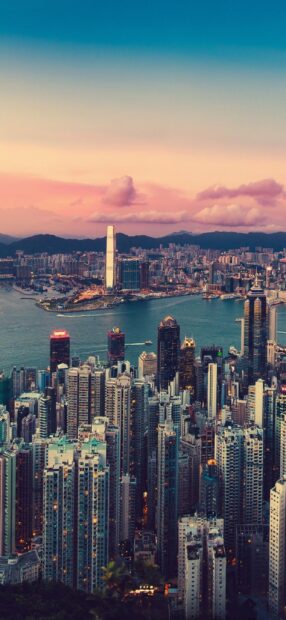 The Hong Kong skyline shows tall buildings and a colorful sunset sky, 2K Mobile Wallpaper
