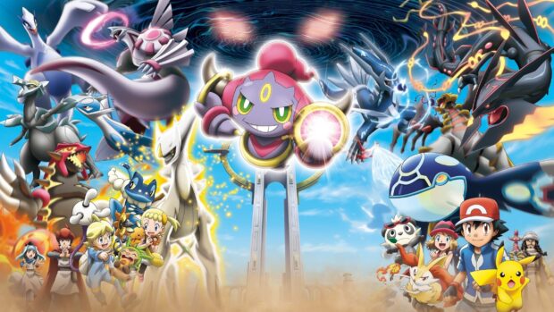 The Hoopa character is in the center with other Pokemon surrounding it in a dynamic scene, 2K Desktop Wallpaper