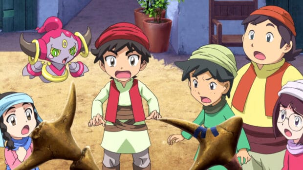 The Hoopa Wallpapers show kids surprised by a mythical creature in a village, HD Desktop Wallpaper