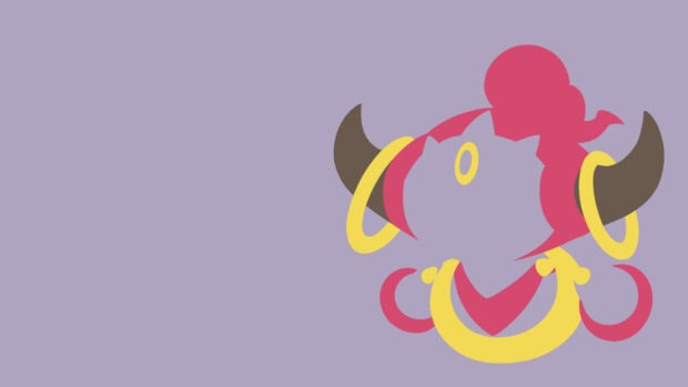 The Hoopa character with rings and horns is displayed on a purple background, HD Desktop Wallpaper