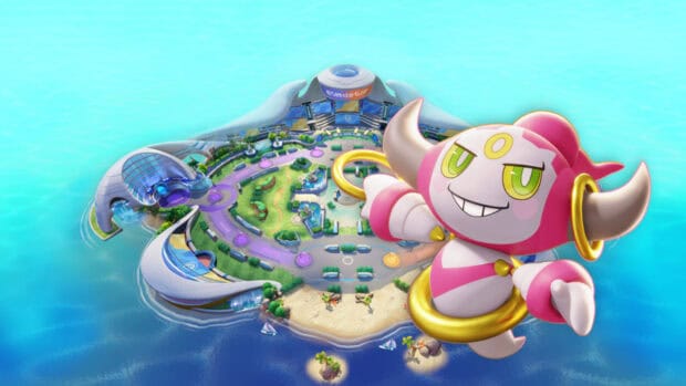 Hoopa Wallpapers character floating above a vibrant island arena in the ocean, HD Desktop Wallpaper