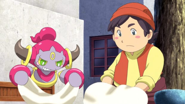 Hoopa Wallpapers, A boy and Hoopa character are seen working with a large cloth inside a building, HD Desktop Wallpaper