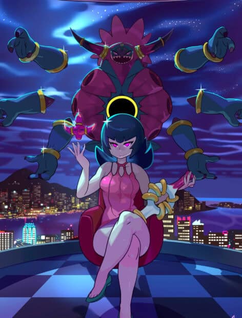 A confident Hoopa sits with glowing hands and a giant figure behind her in a night cityscape, 2K Mobile Wallpaper
