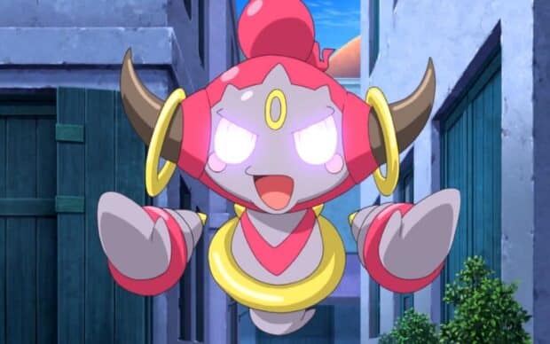 Hoopa Wallpapers character floating in a narrow street with glowing eyes, HD Desktop Wallpaper